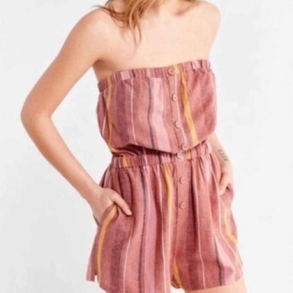 Urban Outfitters | Button Through Linen Blend Striped Tube Top Playsuit Size M